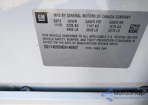 2016 Chevrolet Impala 2Lz z USA, uszkodzony, nr VIN 2G1145S39G9146807